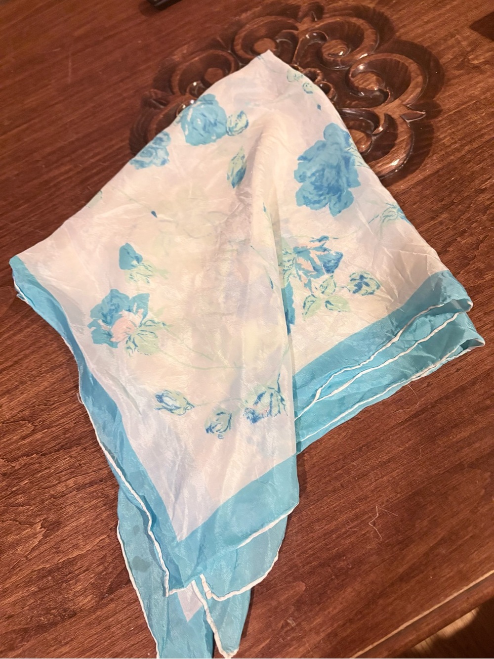 Vintage 1950s Light Blue Floral Silk Scarf.